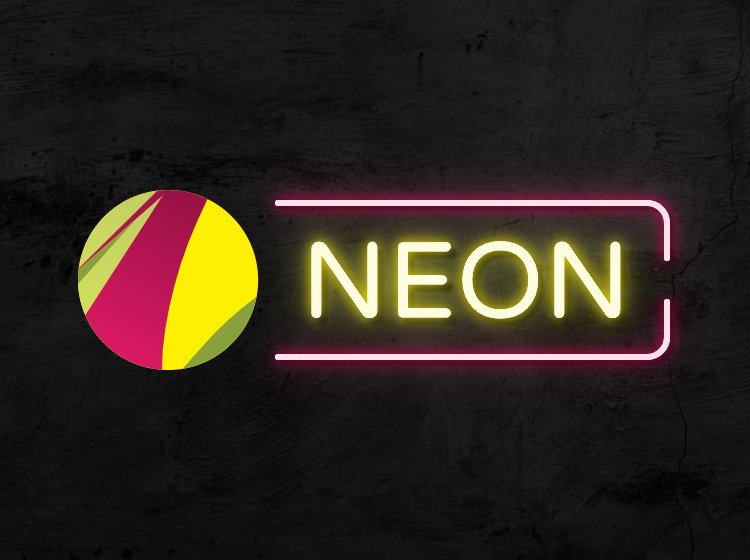 Logo do Gravit Designer com a palavra NEON ao lado com efeito de luz neon amarelo e uma parede ao fundo