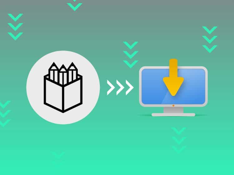Imagem com fundo verde contendo o logo do Penpot à esquerda e a ilustração de um computador à direita com uma seta de download laranja sobreposta